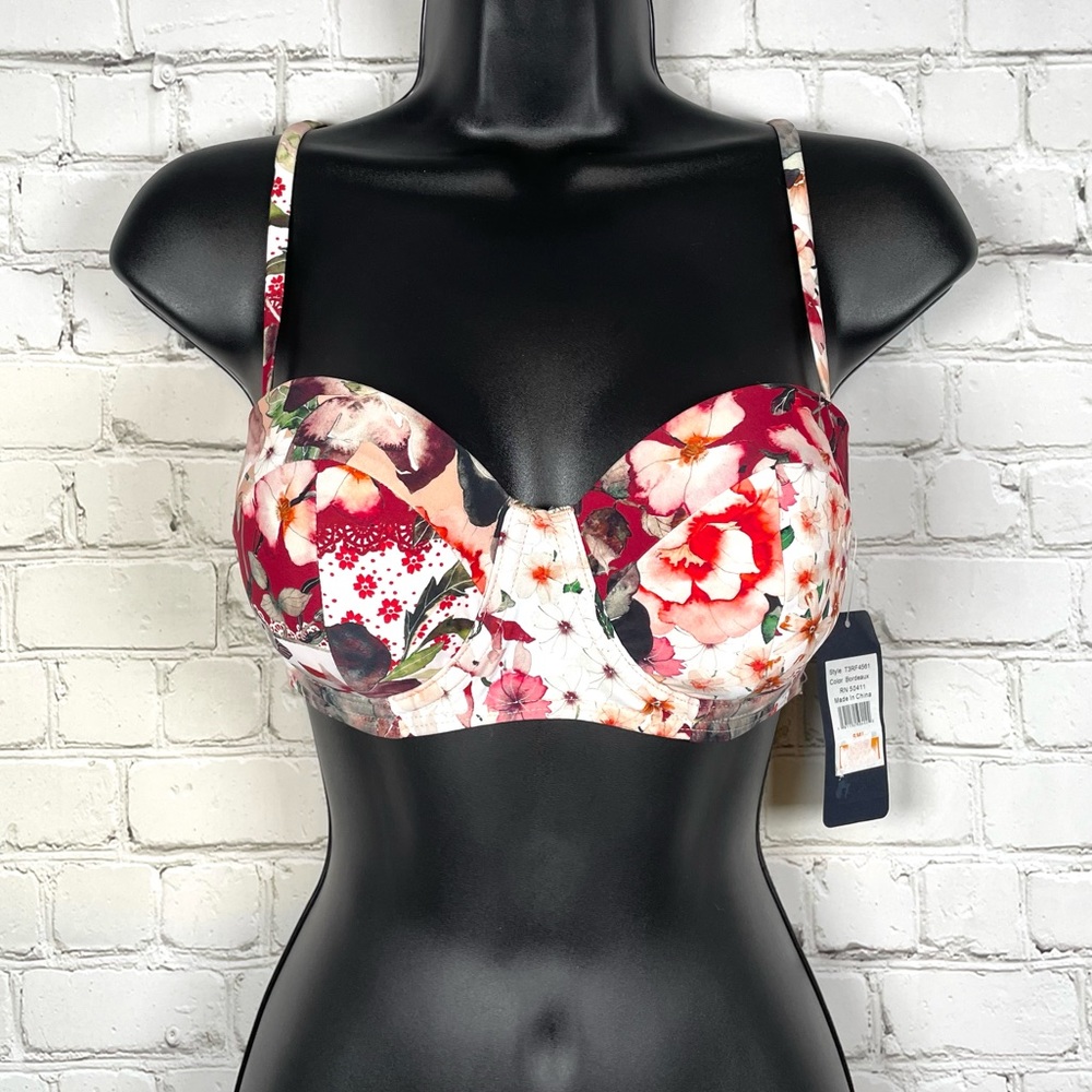 3/$20 NWT RACHEL Rachel Roy Floral Bordeaux Bra Bikini Top S